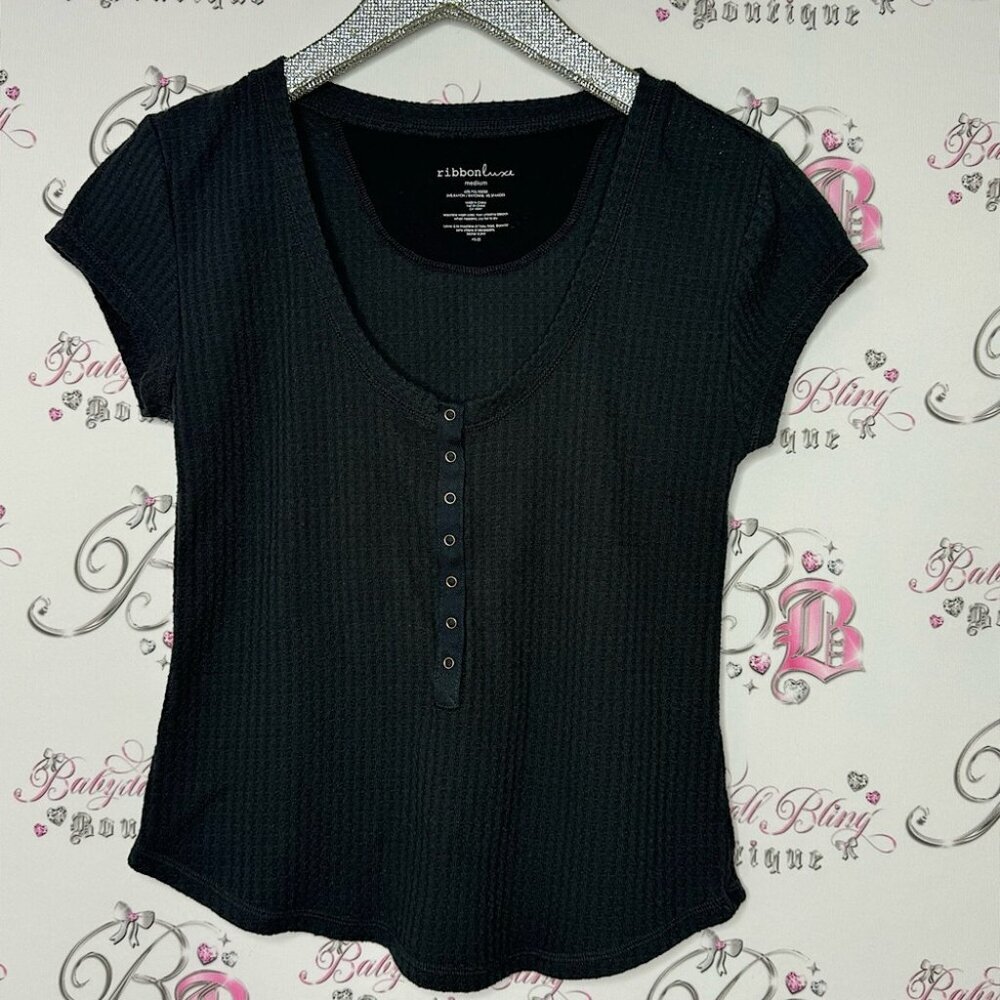 Ribbon luxe waffle knit button tshirt top black cute stretchy lounge soft